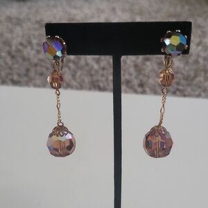 VintageElegant Gold and Iridescent Drop Clip On Earrings